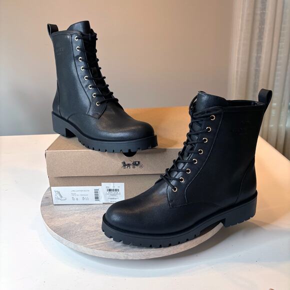 New in Box Coach Lyra Women’s Black Leather Ankle Combat Boots US Size 10 B 10B - Picture 1 of 12